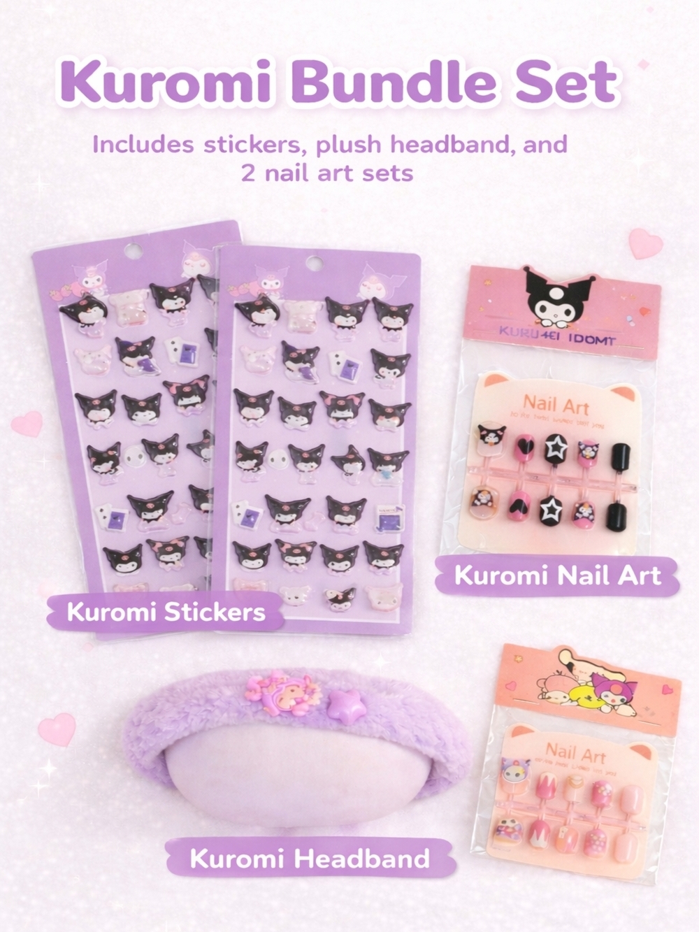 Kuromi Gift Bundle 3D Stickers Headband Press On Nails Nail Kit Kawaii Set New